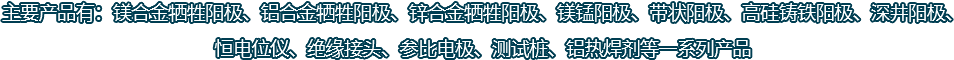 主要產(chǎn)品有：鎂合金犧牲陽(yáng)極、鋁合金犧牲陽(yáng)極、鋅合金犧牲陽(yáng)極、鎂錳陽(yáng)極、帶狀陽(yáng)極、高硅鑄鐵陽(yáng)極、深井陽(yáng)極、恒電位儀、絕緣接頭、參比電極、測(cè)試樁、鋁熱焊劑等一系列產(chǎn)品